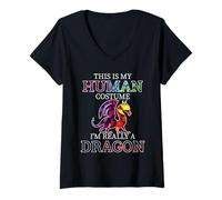 Femme Fun Dragons Humour This is My Human Costume Halloween Dragon T-Shirt avec Col en V