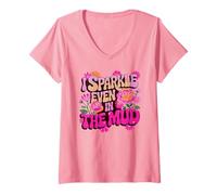 Femme Fun I Sparkle Even in MUD Run Trail Mudder Buddies Rose T-Shirt avec Col en V