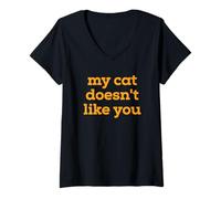 Femme Fun My Cat Doesn't Like You Selectively Social Pet T-Shirt avec Col en V