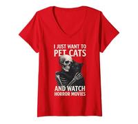 Femme Fun Skeleton I Just Want to Pet Cats and Watch Horror Movies T-Shirt avec Col en V