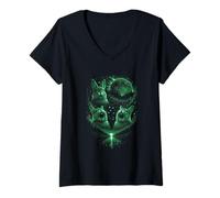 Femme Funny 3 Lapin Hurlant Pleine Lune Eclipse Vert forêt Pâques T-Shirt avec Col en V