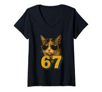Femme Funny 67 Meme Trend 6 7 Cat Six Seven Argot Viral pour Les Jeunes T-Shirt avec Col en V
