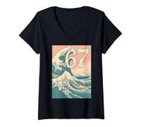 Femme Funny 67 Six Seven Hokusai The Great Wave Vintage Japonais T-Shirt avec Col en V