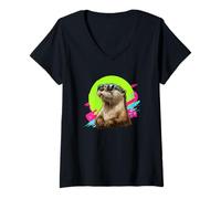 Femme Funny 80s 90s Retro Vintage Sunglasses Otter Lover T-Shirt avec Col en V