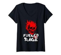 Femme Funny Adult Humor, Skull on Fire Fueled by Rage T-Shirt avec Col en V