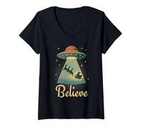 Femme Funny Alien Christmas Believe UFO Santa Abduction Men Women T-Shirt avec Col en V