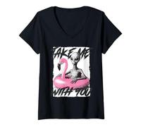 Femme Funny Alien in Flamingo Float Take Me with You Sarcastique T-Shirt avec Col en V