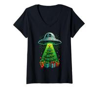 Femme Funny Alien UFO Invasion Christmas Sci-FI Christmas T-Shirt avec Col en V