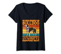 Femme Funny American Bulldog : If You Touch My Bulldog, Avertissement T-Shirt avec Col en V