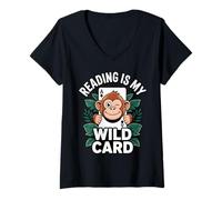 Femme Funny Ape reading Is My Wildcard lover Book Reader Kid T-Shirt avec Col en V