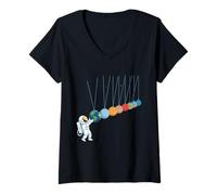 Femme Funny Astronaut Solar System Newton Pendulum Art T-Shirt avec Col en V
