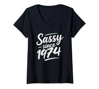 Femme Funny Attitude Sassy Since 1974 Retro Mama Wife Sass Queen T-Shirt avec Col en V