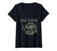Femme Funny Bad Gator avec Fusil et cigares T-Shirt avec Col en V