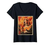 Femme Funny Basset Hound Meme Mignon Vintage Rétro Art Japonais Chien T-Shirt avec Col en V