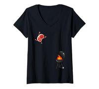 Femme Funny BBQ Grilling Steak Jumping on Grill T-Shirt avec Col en V