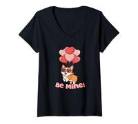 Femme Funny Be Mine Valentines Day Heart Balloons Corgi Dog Lover T-Shirt avec Col en V