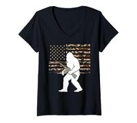 Femme Funny Bigfoot Drapeau américain 2A Motif Camouflage T-Shirt avec Col en V