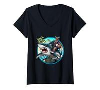 Femme Funny Bigfoot Riding a Shark : Hilarous Sasquatch T-Shirt avec Col en V