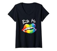 Femme Funny Bite Me Halloween Costume Vampire Lips LGBTQ+ Pride T-Shirt avec Col en V