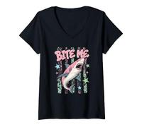 Femme Funny Bite Me Pink Shark Pastel Beach Summer Humour T-Shirt avec Col en V