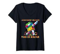 Femme Funny Blocks Bricks Toy Achievement Unlocked Master Builder T-Shirt avec Col en V