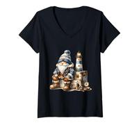 Femme Funny Boat Captain GNOME on Vintage Suitcase and Lighthouse T-Shirt avec Col en V