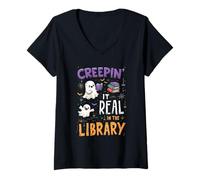 Femme Funny Bookworm Creepin It Real in The Library Halloween T-Shirt avec Col en V