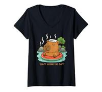 Femme Funny Capybara Don’t Worry Be Capy Float Watermelon Summer T-Shirt avec Col en V