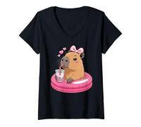 Femme Funny Capybara on Pool Float Drinking Boba Bubble Tea T-Shirt avec Col en V