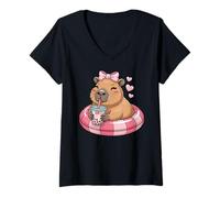 Femme Funny Capybara on Pool Float Drinking Boba Bubble Tea T-Shirt avec Col en V