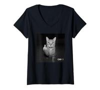 Femme Funny Cat Flipping Off Middle Finger on Security Camera T-Shirt avec Col en V