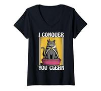 Femme Funny Cat I Conquer You Clean Bac à litière pour chat T-Shirt avec Col en V