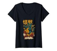 Femme Funny Cat Japan Catzilla Cat T-Shirt avec Col en V