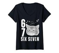 Femme Funny Cat Lunettes de Soleil 67 Six Seven Meme Slang Gen Alpha Humour T-Shirt avec Col en V