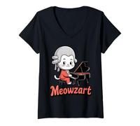Femme Funny Cat Mozart Meowzart Musique pour Piano T-Shirt avec Col en V