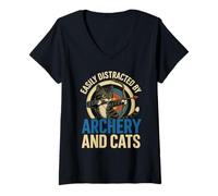 Femme Funny Cat Parent Gift Easily Distracted by Archery and Cats T-Shirt avec Col en V
