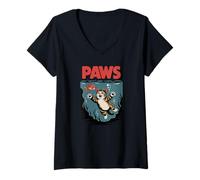 Femme Funny Cat Paws Parody Design - Cute Kitten & Fish Cartoon T-Shirt avec Col en V