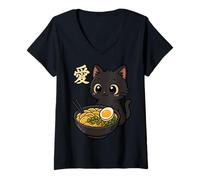 Femme Funny Cat Ramen Graphic Japanese Kawaii Manga Anime T-Shirt avec Col en V