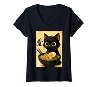 Femme Funny Cat Ramen Graphic Japanese Kawaii Manga Anime T-Shirt avec Col en V