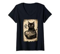 Femme Funny Cat Ramen Graphic Japanese Kawaii Manga Anime T-Shirt avec Col en V