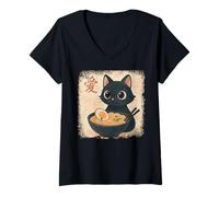 Femme Funny Cat Ramen Graphic Japanese Kawaii Manga Anime T-Shirt avec Col en V