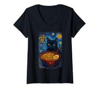 Femme Funny Cat Ramen Graphic Japanese Kawaii Manga Anime T-Shirt avec Col en V