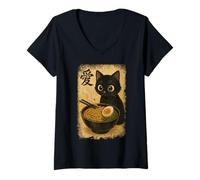 Femme Funny Cat Ramen Graphic Japanese Kawaii Manga Anime T-Shirt avec Col en V