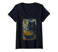 Femme Funny Cat Ramen Graphic Japanese Kawaii Manga Anime T-Shirt avec Col en V