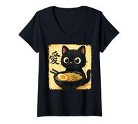 Femme Funny Cat Ramen Graphic Japanese Kawaii Manga Anime T-Shirt avec Col en V