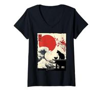 Femme Funny Cat Ramen Great Wave Off Kanagawa Illustration Anime Cat T-Shirt avec Col en V