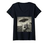 Femme Funny Cat Selfie UFO Alien Invasion Extraterrestre Visite T-Shirt avec Col en V