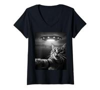 Femme Funny Cat Selfie with Alien UFO Encounter Fun for Boys Girls T-Shirt avec Col en V