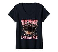 Femme Funny Cats Humour The Beast Inside Me Cute Silly Cat Meme T-Shirt avec Col en V