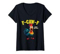 Femme Funny Chicken F-CAW-F What The Heli Rooster Humour Meme T-Shirt avec Col en V